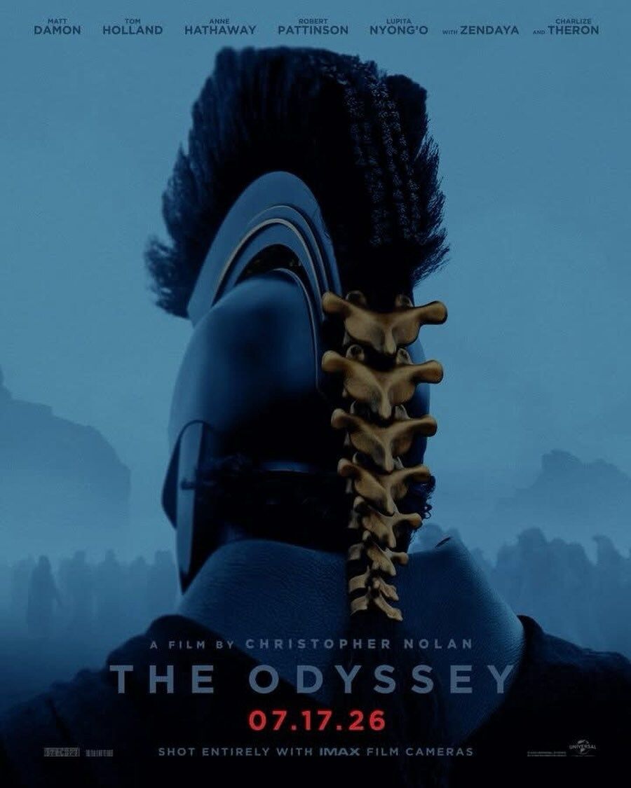 Official The Odyssey 2026 film poster showing an ancient warrior in a detailed helmet with a golden crest, highlighting the epic cinematic adventure.
