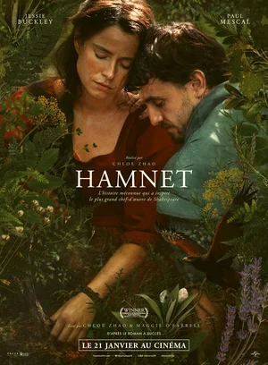 Official Hamnet 2026 film poster showing a woman in 16th-century clothing in a serene garden setting, emphasizing the historical and dramatic cinematic story.