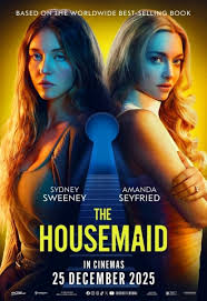 The Housemaid movie poster featuring Sydney Sweeney and Amanda Seyfried in a suspenseful psychological thriller