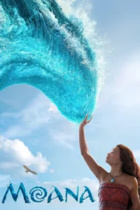 Moana movie poster featuring Moana reaching toward a giant ocean wave in a tropical adventure scene